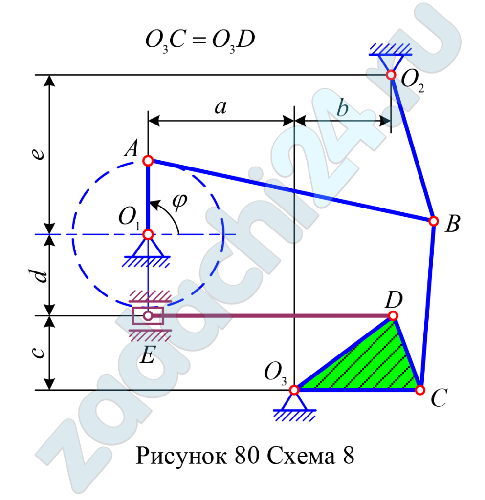 Кинематический анализ многозвенного механизма Кривошип О1А вращается с постоянной угловой скоростью ωО1А = 2 рад/с. Определить для заданного положения механизма: 1) скорости точек А, В, С, … механизма и угловые скорости всех его звеньев с помощью плана скоростей; 2) скорости этих же точек механизма и угловые скорости звеньев с помощью мгновенных центров скоростей; 3) ускорения точек А и В и угловое ускорение звена АВ; 4) положение мгновенного центра ускорений звена АВ; 5) ускорение точки М, делящей звено АВ пополам.