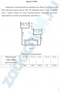 Определить, при какой разности уровней воды в баках Н по системе труб будет протекать расход воды Q  (рис. 49). Диаметры труб d1, d2, d3, d4. Длины труб в метрах указаны на схеме