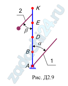 Применение принципа Даламбера к определению реакций связи Вертикальный вал АК (рис. Д2.0–Д2.9), вращающийся с постоянной угловой скоростью ω = 10 c-1, закреплен подпятником в точке А и цилиндрическим подшипником в точке, указанной в таблице Д2, в столбце 2. При этом АВ = ВD = DЕ = ЕК = а. К валу жестко прикреплены однородный стержень 1 длиной l = 0,6 м, имеющий массу m1 =3 кг, и невесомый стержень 2 длиной l2 = 0,4 м и с точечной массой m2 = 5 кг на конце. Оба стержня лежат в одной плоскости. Точки крепления стержней к валу указаны в таблице в столбцах 3 и 4, а углы α и β – в столбцах 5 и 6. Пренебрегая весом вала, определить реакции подпятника и подшипника. При подсчетах принять a = 0,4 м.