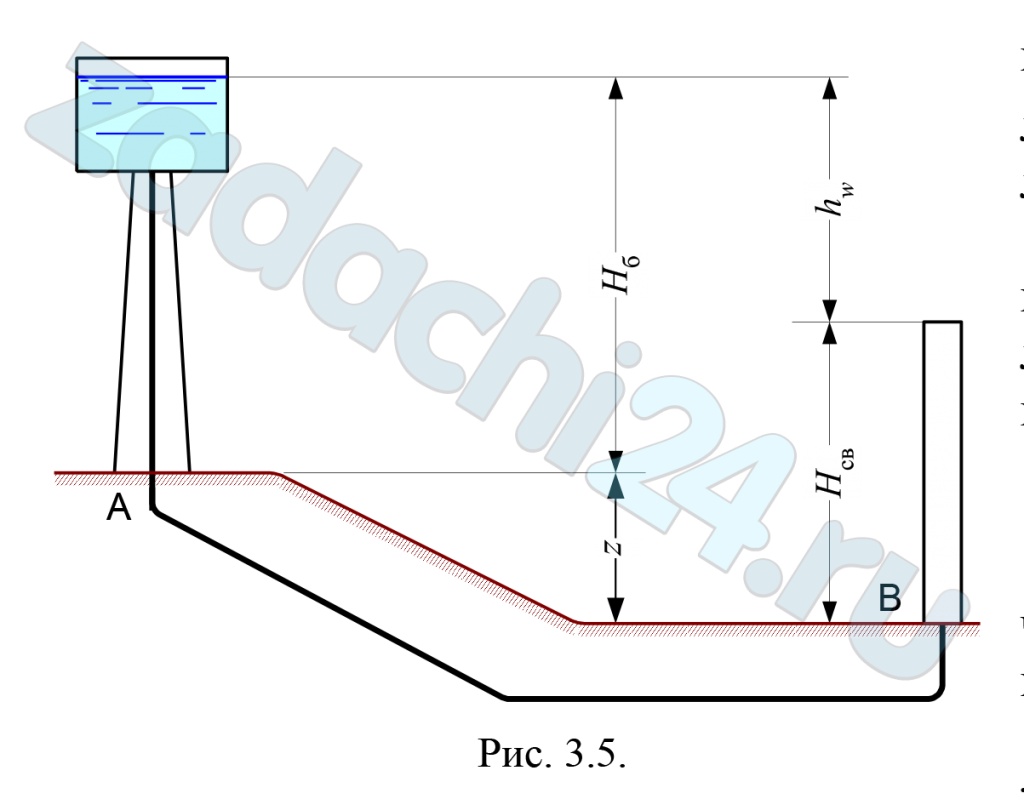 Назначить диаметр трубопровода D и определить необходимую высоту водонапорной башни Нб в точке A (рис. 3.5) для обеспечения расчетной подачи воды с расходом Q потребителю в точке B по трубопроводу длиной l, при разности отметок земли в точках A и B, равной z и минимальном свободном напоре в точке B равном Нсв. Определить величину свободного напора при увеличении расхода на 20 %.  Примечание. Трубы чугунные, потери напора в местных сопротивлениях принять равными 10 % от потерь напора по длине.