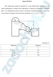 Под действием разности уровней Н и при избыточном давлении р0 по трубе переменного сечения вода перетекает из верхнего резервуара в нижний (рис. 3.5). Определить расход воды и построить пьезометрическую линию без учета потерь на трение