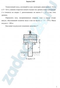 онкостенный сосуд, состоящий из двух цилиндров диаметрами d = 0,3 м и D = 0,8 м, нижним открытым концом опущен под уровень воды в резервуаре А и покоится на опорах С, расположенных на высоте b = 1,5 м над этим уровнем. Определить силу, воспринимаемую опорами, если в сосуде создан вакуум, обусловивший поднятие воды в нем на высоту a + b = 1,9 м. Масса сосуда m = 100 кг. Как влияет на результат изменение диаметра d