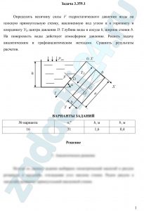 Определить величину силы F гидростатического давления воды на плоскую прямоугольную стенку, наклоненную под углом α к горизонту и координату УD центра давления D. Глубина воды в сосуде h, ширина стенки b. На поверхность воды действует атмосферное давление. Решить задачу аналитическим и графоаналитическим методами. Сравнить результаты расчетов