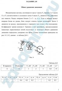 Общее уравнение динамики Механическая система, состоящая из груза 1 весом Р1, блоков 2 и 3 весом Р2 и Р3 соответственно и сплошного катка 4 весом Р4, движется под действием сил тяжести. Радиус инерции блоков 2 и 3 - ρ2 и ρ3. Если в таблице радиус инерции блока не указан, блок следует считать полым цилиндром. Каток 4 движется по рельсу, наклоненному к горизонту под углом α без скольжения. Коэффициент трения качения k. Трением в осях пренебречь, проскальзывание невесомых нерастяжимых нитей отсутствует. С помощью общего уравнения динамики определить ускорение оси катка