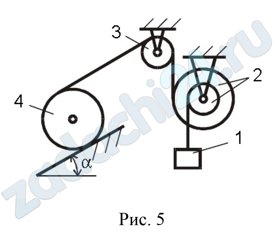 МОСКОВСКИЙ ПОЛИТЕХНИЧЕСКИЙ УНИВЕРСИТЕТ Теоретическая механика Задание Д-8 ЗАДАНИЕ Д-8 Общее уравнение динамики Механическая система, состоящая из груза 1 весом Р1, блоков 2 и 3 весом Р2 и Р3 соответственно и сплошного катка 4 весом Р4, движется под действием сил тяжести. Радиус инерции блоков 2 и 3 - ρ2 и ρ3. Если в таблице радиус инерции блока не указан, блок следует считать полым цилиндром. Каток 4 движется по рельсу, наклоненному к горизонту под углом α без скольжения. Коэффициент трения качения k. Трением в осях пренебречь, проскальзывание невесомых нерастяжимых нитей отсутствует. С помощью общего уравнения динамики определить ускорение оси катка. Схемы механизмов приведены на рис. 8.1, 8.2, данные – в таблице Д-8.1.