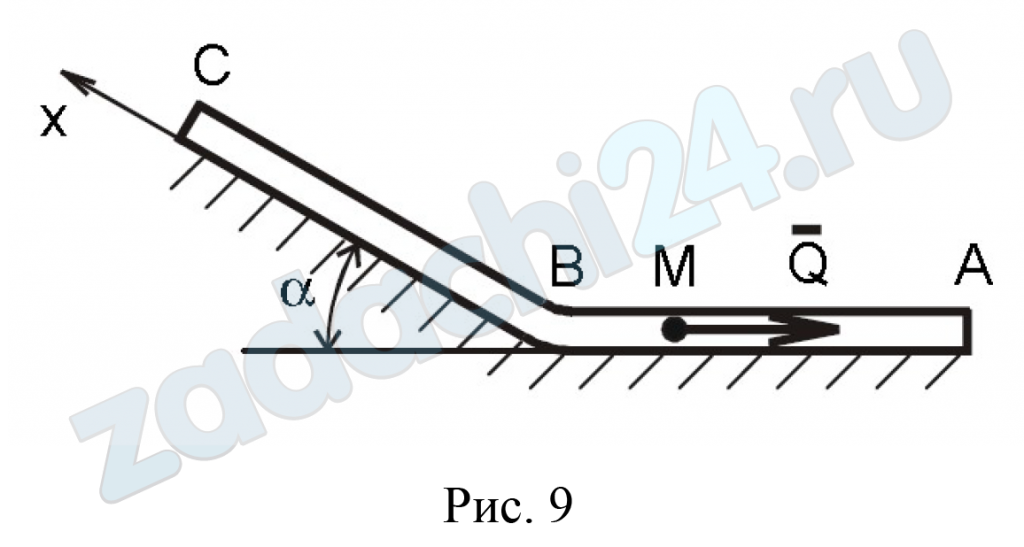 ЗАДАНИЕ Д-1 Интегрирование дифференциальных уравнений движения материальной точки Материальная точка M массой m, получив в точке А начальную скорость V0, движется в изогнутой трубе АВС, расположенной в вертикальной плоскости. Участки трубы или оба наклонные, или один горизонтальный, а другой наклонный. Угол наклона трубы α = 30º. На участке АВ на материальную точку действует сила тяжести Р, постоянная сила  (ее направление указано на рисунках) и сила сопротивления среды R, зависящая от скорости V груза (направлена сила против движения). Трением груза о трубу на участке АВ пренебрегаем. В точке В материальная точка, не изменяя величины своей скорости, переходит на участок ВС трубы, где на нее действует сила тяжести P, сила трения (коэффициент трения груза о трубу f = 0,2) и переменная сила F, проекция которой FX на ось x приведена в таблице Д-1. Известно расстояние AB = l или время t1 движения от точки А до точки В. Требуется найти закон движения материальной точки на участке BС: x = f (t).