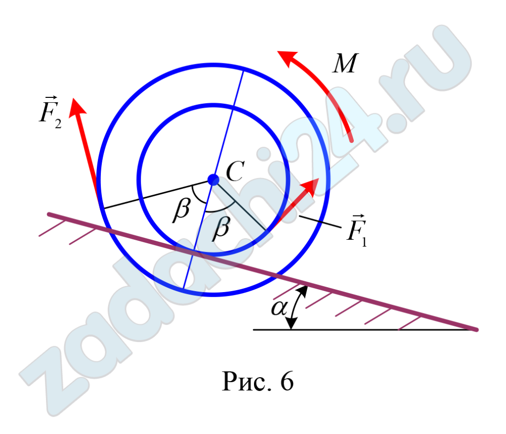 ЗАДАНИЕ Д-4  Плоскопараллельное движение твердого тела Барабан радиуса R весом P имеет проточку (как у катушки) радиуса r = 0,5R (рис.4.1, табл. Д-4). К концам намотанных на барабан нитей приложены постоянные силы  и , направления которых определяются углом β. Кроме сил на барабане действует пара с моментом M. При движении, начинающимся из состояния покоя, барабан катится без скольжения по шероховатой наклонной плоскости с углом наклона α так, как показано на рисунках. Пренебрегая сопротивлением качению, определить закон движения центра масс барабана, т.е. xC = f(t) , и наименьшее значение коэффициента трения fmin о плоскость, при котором возможно качение без скольжения. Барабан рассматривать как сплошной однородный цилиндр радиуса R.