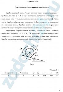 Плоскопараллельное движение твердого тела Барабан радиуса R весом P имеет проточку (как у катушки) радиуса r = 0,5R (рис.4.1, табл. Д-4). К концам намотанных на барабан нитей приложены постоянные силы  и , направления которых определяются углом β. Кроме сил на барабане действует пара с моментом M. При движении, начинающимся из состояния покоя, барабан катится без скольжения по шероховатой наклонной плоскости с углом наклона α