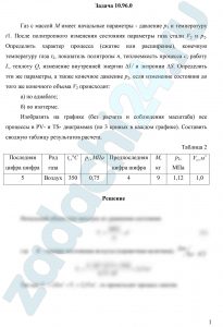 Газ с массой М имеет начальные параметры - давление р1 и температуру t1. После политропного изменения состояния параметры газа стали V2 и р2. Определить характер процесса (сжатие или расширение), конечную температуру газа t2, показатель политропы n, теплоемкость процесса c, работу L, теплоту Q, изменение внутренней энергии ∆U и энтропии ∆S. Определить эти же параметры, а также конечное давление р2, если изменение состояния до того же конечного объема V2 происходит: а) по адиабате; б) по изотерме. Изобразить на графике (без расчета и соблюдения масштаба) все процессы в PV- и TS- диаграммах (по 3 кривых в каждом графике). Составить сводную таблицу результатов расчета.