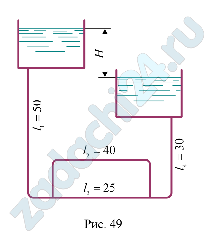 Определить, при какой разности уровней воды в баках Н по системе труб будет протекать расход воды Q  (рис. 49). Диаметры труб d1, d2, d3, d4. Длины труб в метрах указаны на схеме. Воспользоваться значениями расходных характеристик для новых водопроводных труб (табл. 1).