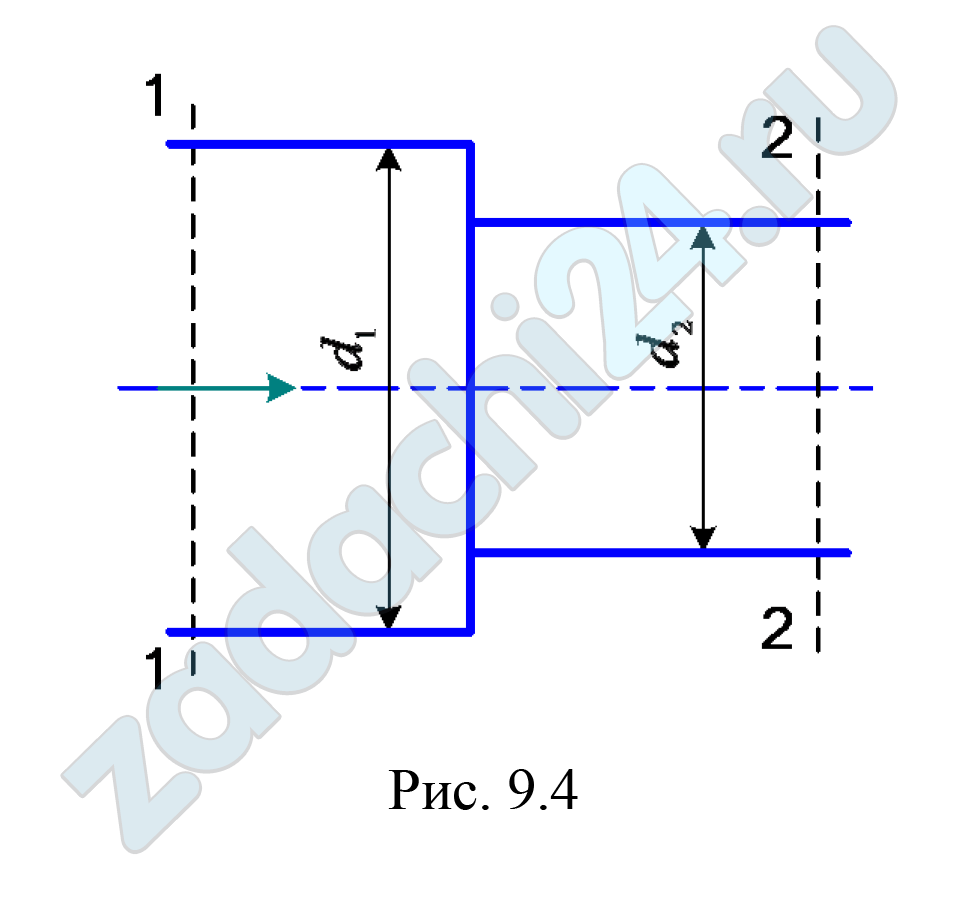 По трубопроводу, составленному из труб различного диаметра, перекачивается вода (рис. 9.4) при температуре t = 20ºС. Диаметр трубы в сечении 1-1 равен d1 = 0,08 м, в сечении 2-2 d2 = 0,06 м, средняя скорость в сечении 1-1 υ1 = 0,8 м/с. Определить среднюю скорость в сечении 2-2, режим течения жидкости. Какие параметры необходимо изменить, чтобы поменялся режим течения воды?