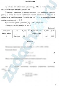 V1, м³ газа при абсолютном давлении р1, МПа и температуре t1, °С расширяется до увеличения объема в ε раз. Определить параметры конечного состояния газа, количество теплоты, работу, а также изменения внутренней энергии, энтальпии и энтропии в процессах: а) изотермическом, б) адиабатном при k = 1,4; в) политропном при показателе политропы n = 1,47. Процессы изобразить (совместно) в p-v и T-s-диаграммах.