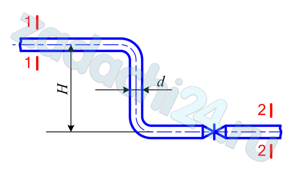 По стальной трубе диаметром d = 40 мм перекачивается вода. Определить давление р2 в сечении 2-2 при следующих данных: р1 = 5·105 Па; l = 100 м; Q = 2 л/с; Δ = 1 мм. Температура воды 10ºС; ζвент = 4,9; ζкол = 0,4; Н = 6 м.