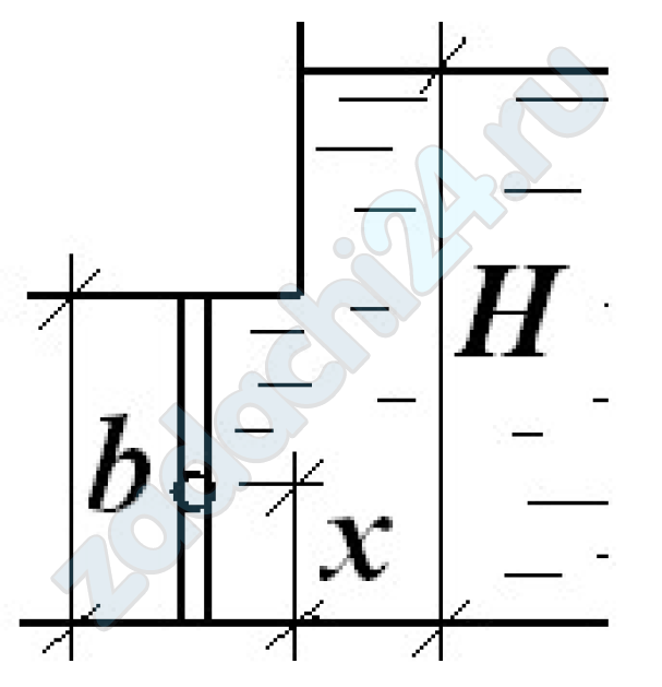 Прямоугольный поворотный затвор размерами b × a = 1 ×2 м перекрывает выход из резервуара. На каком расстоянии х от дна необходимо расположить ось затвора, чтобы при открывании его в начальный момент необходимо было преодолевать только трение в шарнирах, глубина воды в резервуаре Н = 2 м.