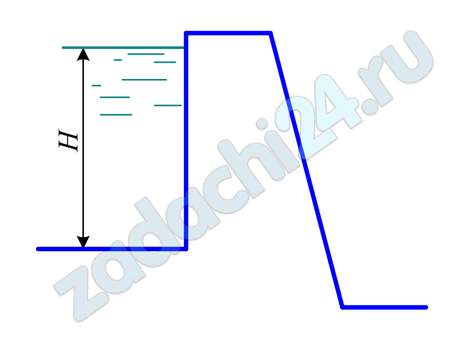 Определить силу давления Р на вертикальную стенку плотины, найти центр давления, построить эпюру давления, если: Н = 6 м, ширина плотины b = 30 м, ρв = 1000 кг/м³.