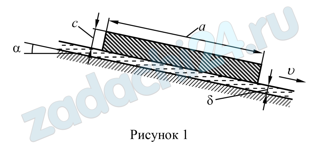 Определить скорость υ равномерного скольжения прямоугольной пластины (a×b×c) по наклонной плоскости под углом α, если между пластиной и плоскостью находится слой жидкости толщиной δ. Температура жидкости 30°С, плотность материала пластины ρпл. Плотность жидкости задана при температуре ρж50º.