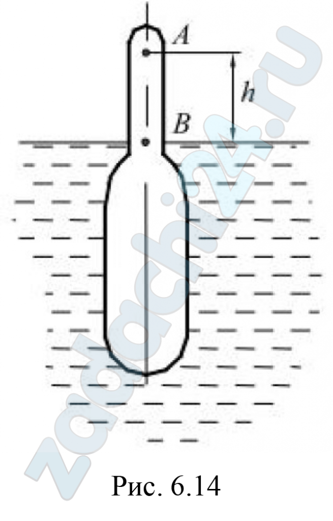 Ареометр весом 0,55 Н погружен в нефть плотностью 890 кг/м³ до отметки А и в воде до отметки В (рис. 6.14). Определить расстояние h между отметками А и В, если диаметр шейки ареометра равен 12 мм.