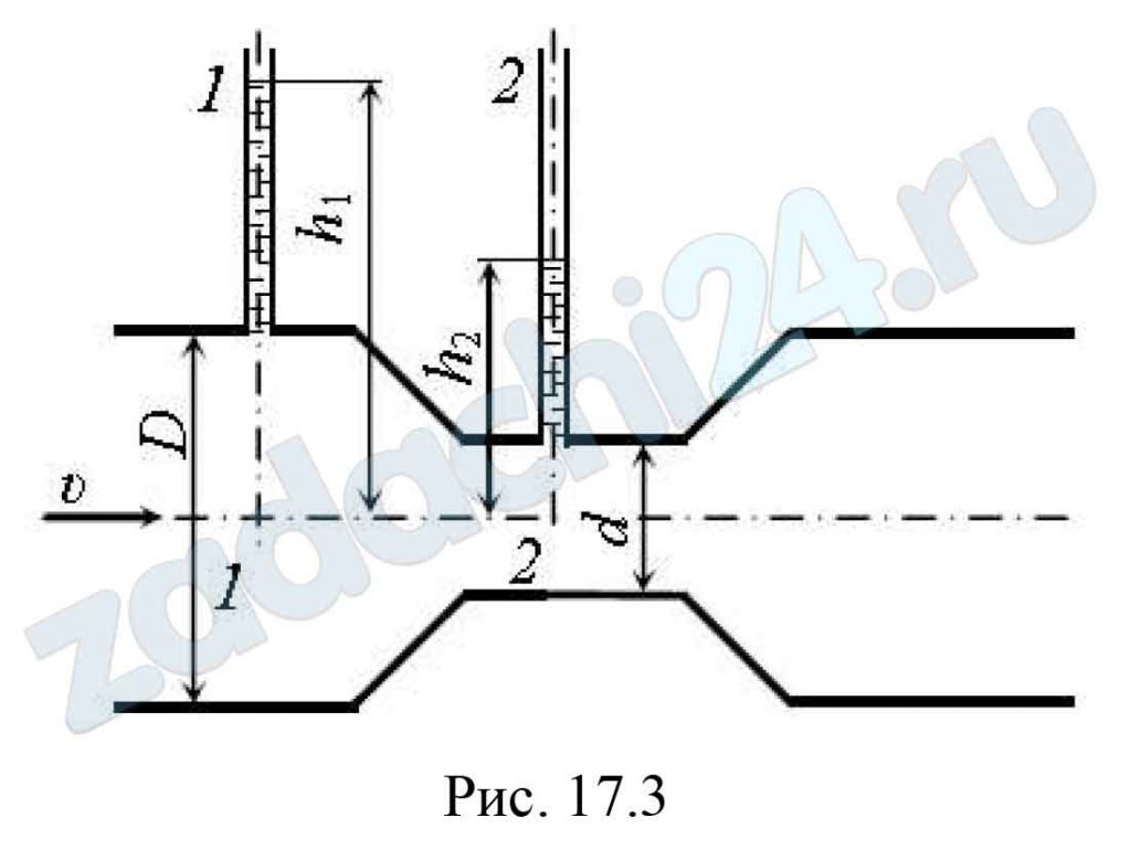 На трубе диаметром D = 250 мм имеется местное сужение до диаметра d = 12 см. По трубе течёт вода со скоростью в широком сечении υ = 0,7 м/с (рис. 17.3). Пренебрегая сопротивлениями, определить: а) разность высот уровней Δh в пьезометрических трубках 1 и 2; б) величину удельной кинетической энергии в сечениях 1 – 1 и 2 –2.