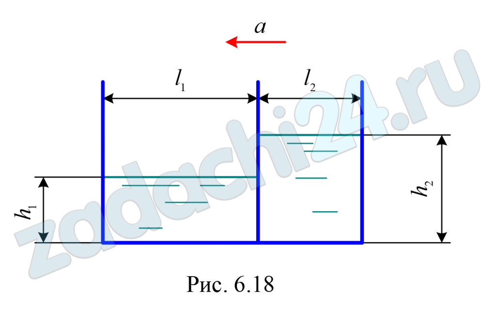 Призматический сосуд, перемещающийся горизонтально с постоянным ускорением, разделен плоской перегородкой на два отсека, заполненных одинаковой жидкостью до высот h1 = 1,0 м и h2 = 1,5 м. Определить ускорение, при котором суммарная сила давления воды на перегородку равна нулю (рис. 6.18).