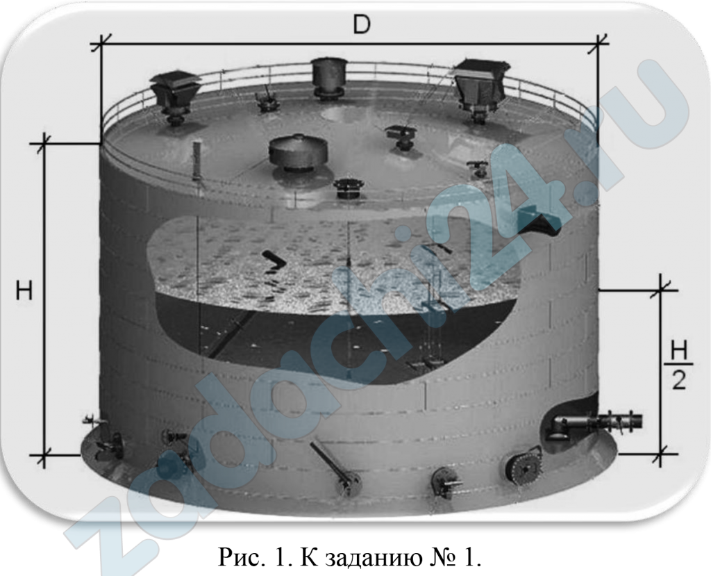В вертикальном стальном резервуаре, заполненном наполовину, хранится нефть (рис. 1). Плотность нефти, при начальной температуре, равна 855 кг/м³. Определить массу хранящейся нефти и колебания ее уровня в резервуаре, если температура в течение года принимает значения от t1 ºС (зима) до t2 ºС (лето). Коэффициент температурного расширения нефти, температуры и вид резервуара принять согласно исходным данным.