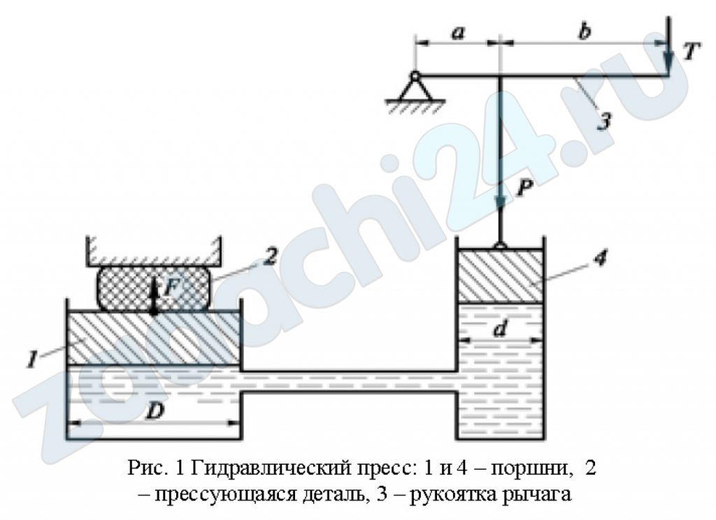 Гидравлический пресс состоит из двух сообщающихся цилиндров с большим и малым поршнями, имеющими диаметры d и D, и служит для создания больших усилий при прессовании или испытании строительных материалов (рис. 1). Определить диаметр D большого поршня гидравлического пресса, находящегося в равновесии при следующих данных: сжимающее усилие большого поршня F = 5000 Н; усилие на рукоятке рычага T = 150 Н; диаметр малого поршня d = 0,05 м; плечи рычага a = 0,15 м, b = 0,75 м. Разностью в высотном положении поршней и их весом пренебречь. Коэффициент полезного действия η = 0,85.
