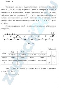 Однородная балка весом G, расположенная в вертикальной плоскости (табл. С1, рис. С1.0–С1.9), закреплена в точке А шарнирно, а в точке В прикреплена к вертикальному стержню с шарнирами на концах. На балку действуют: пара сил с моментом М = 20 кН·м, равномерно распределенная нагрузка с интенсивностью q и сила Fi , значение и точка приложения которой указаны в табл. C1. Расстояния между точками A, B, C, D, E, H, K, L равны a = 0,4 м. Определить реакции связей в точках А, В, вызываемые действующими нагрузками.
